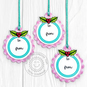 Handmade Aqua & pink gingham scalloped circle holiday Christmas gift tags decorated with stamped holly.
