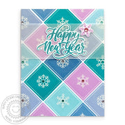 Diagonal diamond-stamped square background with white heat-embossed snowflakes "Happy New Year" card.