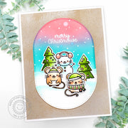 A handmade Christmas card featuring a pastel gradient background, two winter mice, a mouse snowman, & cheese holiday trees.