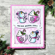 "May Your Season Sparkle" handmade holiday Christmas card with 2 snowmen and 2 hot cocoa mugs on a pink quilted background.