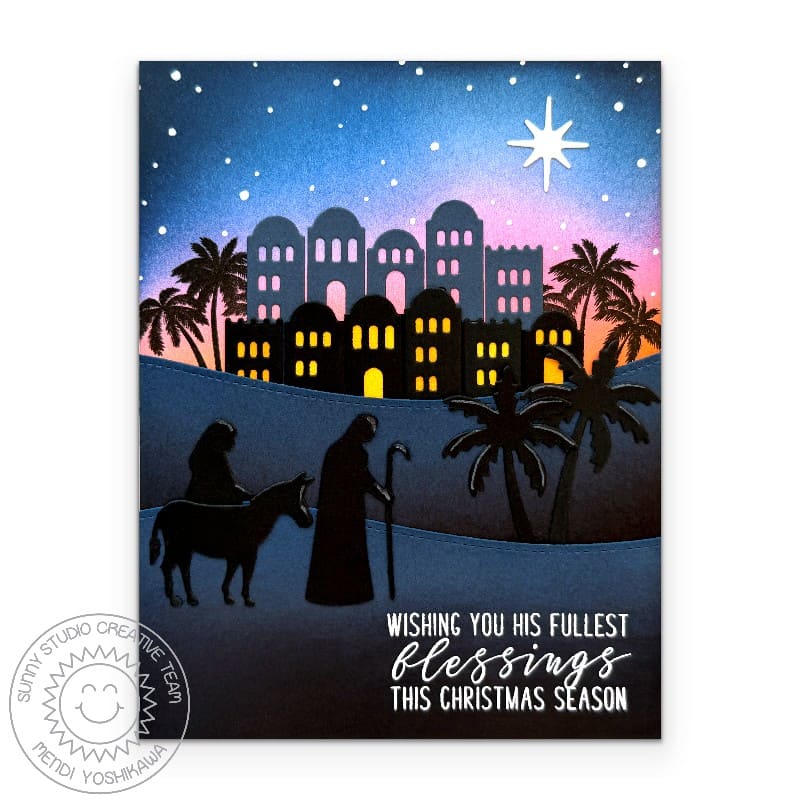 Joseph & Mary traveling on a donkey with a shining star and Bethlehem in the distance, Nativity Christmas blessings card.