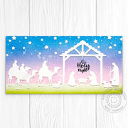 Pastel Slimline religious nativity scene Christmas card with Three Wise Men, stable, Jesus, shepherd, sheep, and starry sky.