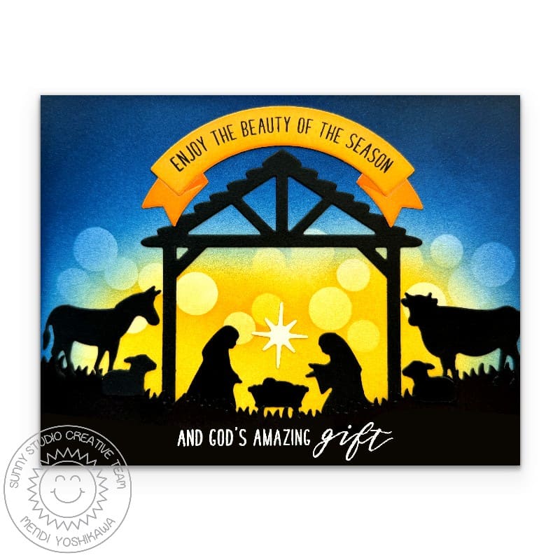 Joseph, Mary, & baby Jesus in a stable Nativity religious Christmas card with a glowing star and a bokeh lights background.