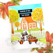 Raccoon with Fall pumpkins, handmade Autumn scene "Thinking of You This Season" sample card.