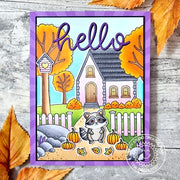 Raccoon with pumpkins & autumn leaves with pink house and picket fence, handmade fall scene hello card.