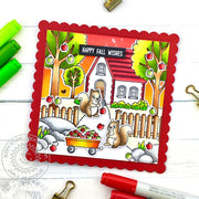 Squirrels with apple trees, wagon & house autumn scene handmade DIY "Fall Wishes" scalloped square card.