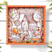 Squirrels with Fall pumpkins, leaves, and a wagon: handmade autumn-scene "Greetings" scalloped square shaker card.