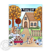 Birds & squirrels pulling a wagon with Autumn leaves, with a house, trees, and a picket fence, handmade fall scene card.