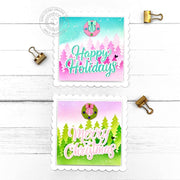 Scalloped Christmas cards with a 'Happy Holidays' greeting with a pastel winter forest fir trees background & a pink wreath.