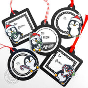 Red, black, and white handmade holiday penguin DIY Christmas gift tag set with a variety of stamped label frames.
