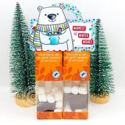 Treat bag topper gift with marshmallows & dark chocolate, decorated with a polar bear, and the text 'Warmest Winter Wishes.'