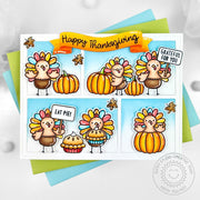 A fall card featuring six turkeys, pumpkins, a pie, & autumn leaves with a “Happy Thanksgiving” greeting on a yellow banner.