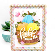 Sunny Studio Stamps Hello Autumn plaid fall card with colorful pumpkins in a wood barrel with die-cut Icing Rectangle Frame