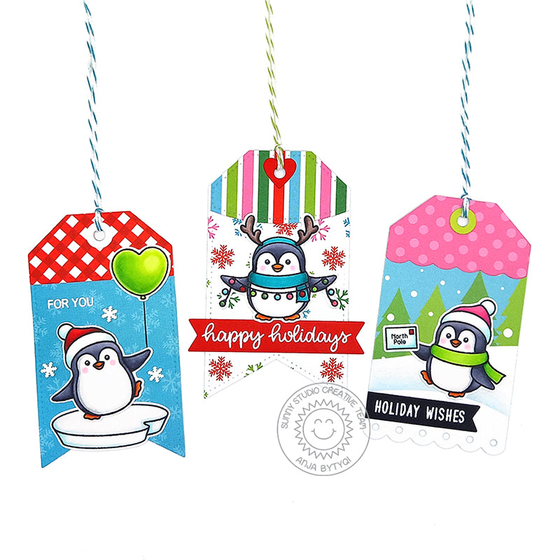 Sunny Studio Colorful Penguins with Lights, Balloon and North Pole Letter To Santa Handmade Christmas Holiday Gift Tags (using Penguin Pals 4x6 Mini Clear Stamps)