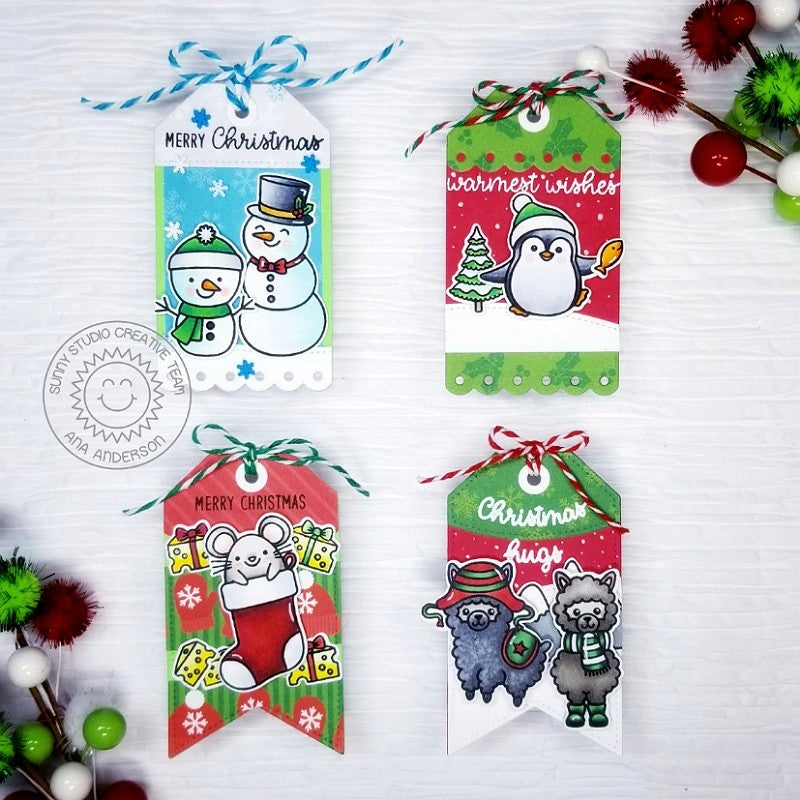 Sunny Studio Stamps Snowman, Penguin, Mouse & Alpaca Colorful Handmade Christmas Holiday Gift Tags (using Build-a-Tag 2 Metal Cutting Dies)