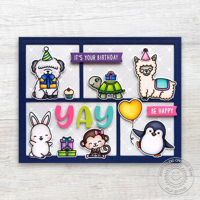 Sunny Studio Dog, Bunny, Monkey, Turtle, Alpaca & Penguin Critter Birthday Card (using Turtley Awesome 2x3 Clear Stamps)