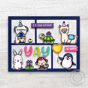 Sunny Studio Dog, Bunny, Monkey, Turtle, Alpaca & Penguin Critter Birthday Card (using Party Pups 4x6 Clear Stamps)