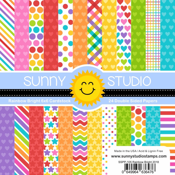 Sunny Studio Stamps Rainbow Bright 6x6 Hearts, Stars, Stripes & Polka-Dot Patterned Paper Pack