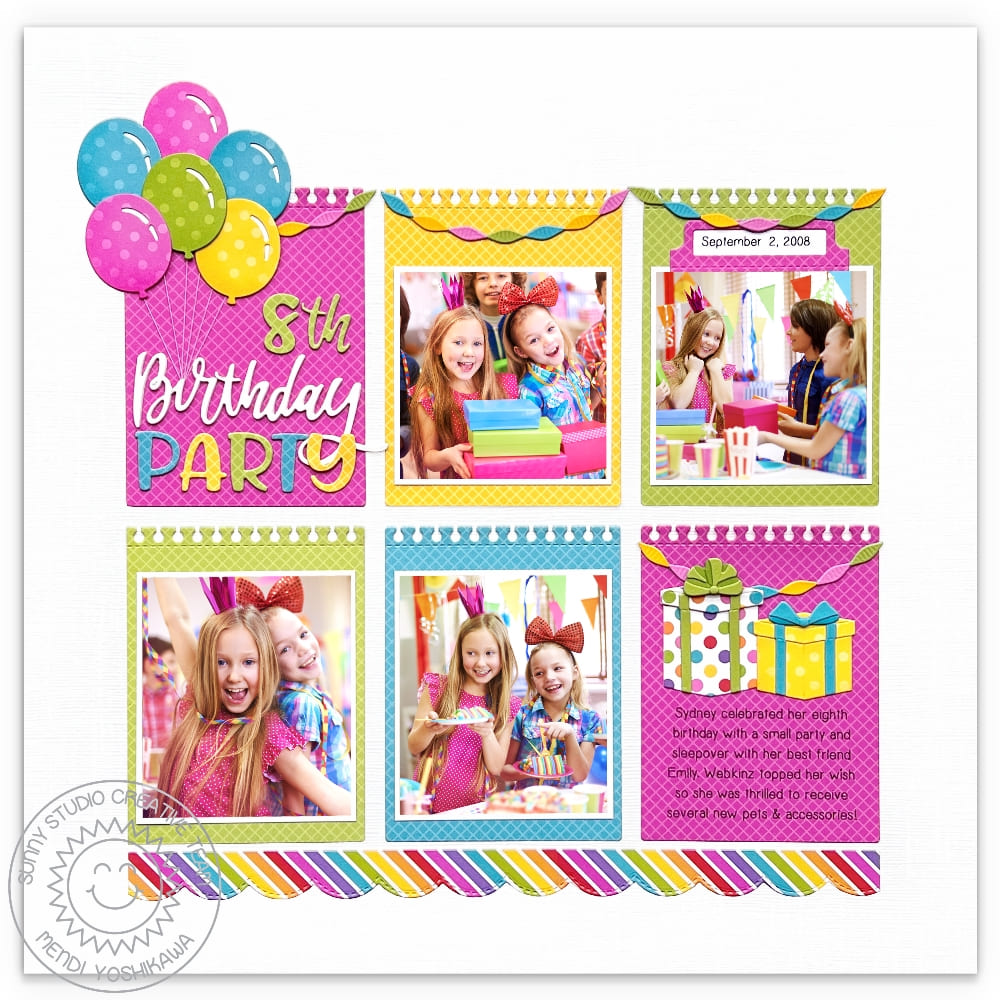 Sunny Studio Stamps Eighth Birthday Party Kids 12x12 Scrapbook Page Layout (using Notebook Photo Corners Metal Cutting Dies)