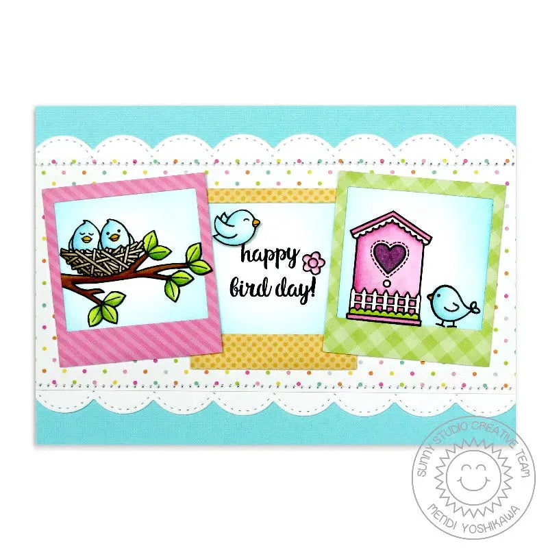 Sunny Studio Happy Bird Day Birds with Nest & Birdhouse Polaroid Style Card using A Bird's Life Clear Photopolymer Stamps