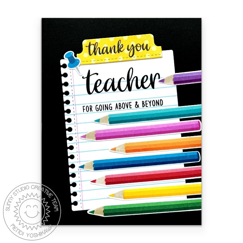 Sunny Studio Thank You Teacher For Going Above & Beyond Rainbow Colored Pencils School Card (using A Cut Above Clear Stamps)