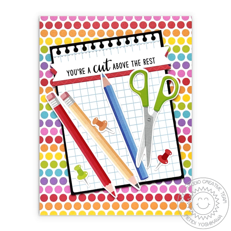 Sunny Studio Punny School Themed Rainbow Pencils & Scissors Teacher or Student Card using A Cut Above Clear Layering Stamps