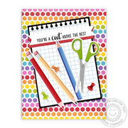 Sunny Studio Punny School Themed Rainbow Pencils & Scissors Teacher or Student Card using Notebook Photo Corners Metal Dies