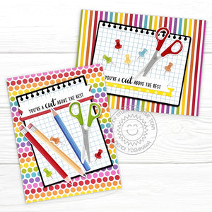 Sunny Studio Striped & Polka-dot Pencils & Scissors Punny School Teacher or Student Cards (using Rainbow Bright 6x6 Paper Pad)
