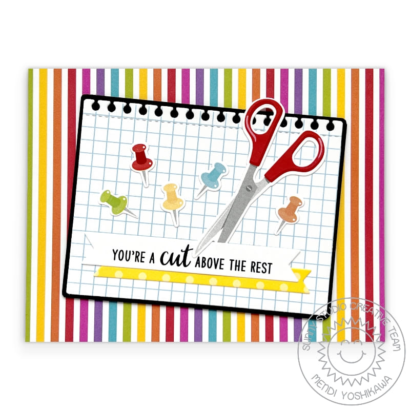 Sunny Studio Punny School Themed Rainbow Pushpins & Scissors Teacher or Student Card using A Cut Above Clear Layering Stamps
