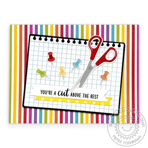 Sunny Studio Punny School Themed Rainbow Pushpins & Scissors Teacher or Student Card using Notebook Tabs Metal Cutting Dies
