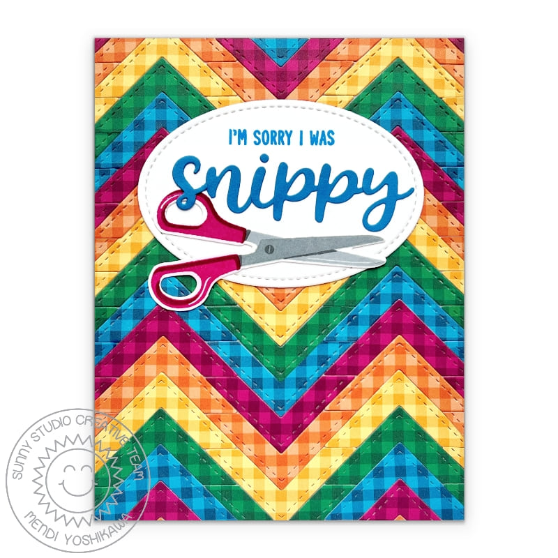 Sunny Studio Sorry I Was Snippy Punny Scissors Gingham Rainbow Chevron Card (using A Cut Above Clear Layering Stamps)