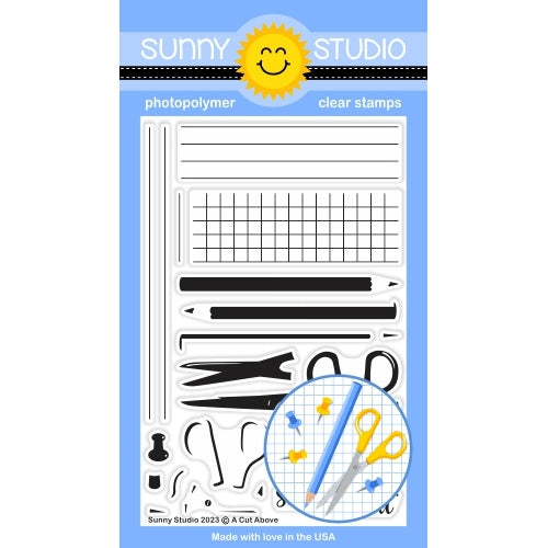 Sunny Studio A Cut Above 4x6 Layered Layering Scissors, Colored Pencils & Pushpin School & Art Themed Clear Photopolymer Stamps SSCL-350
