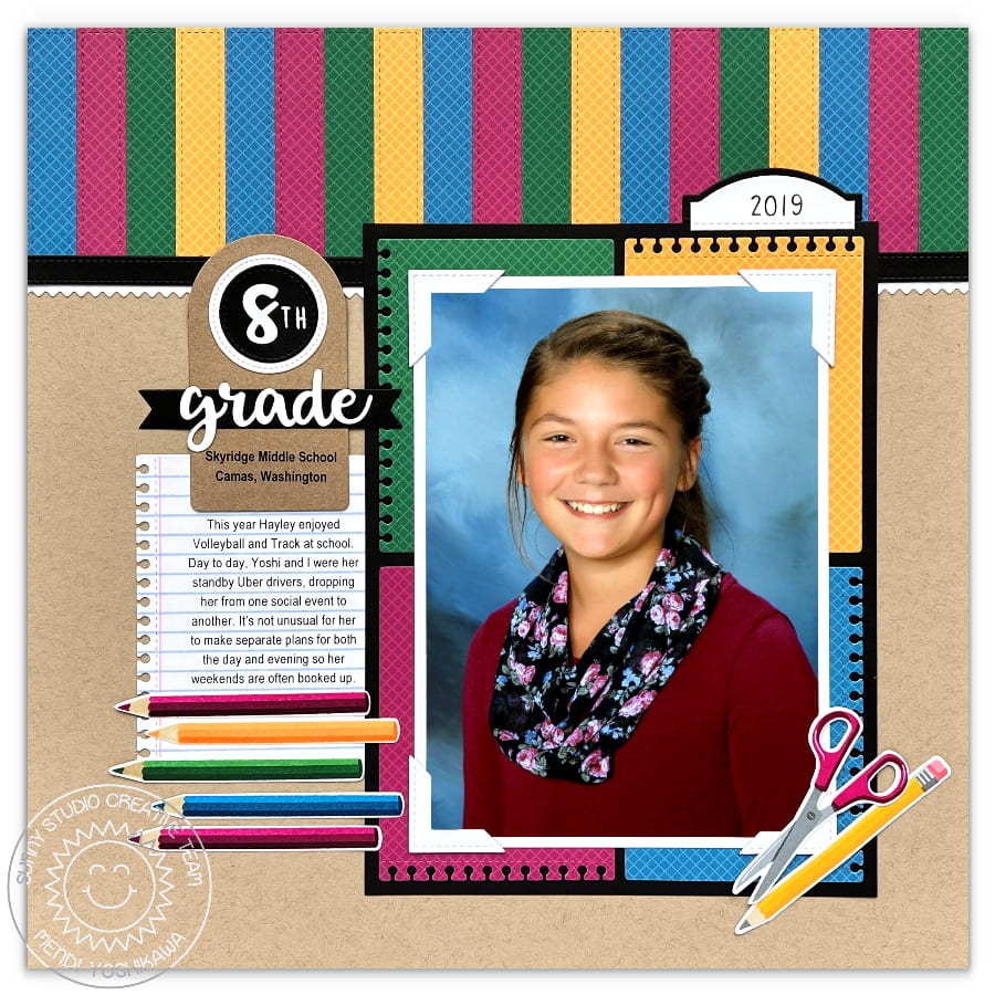 Sunny Studio School Portrait Scrapbook Page Layout with Scissors & Colored Pencils using A Cut Above Clear Layering Stamps