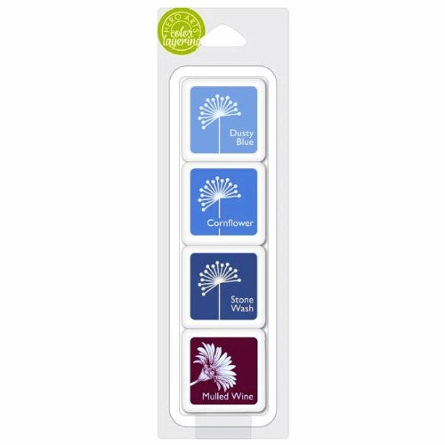 Hero Arts Sky Blues Dye Ink Cubes - 4 Pack Mini 1" Set Mid-Tone Shadow Inks with Dusty Blue, Cornflower, Stone Wash & Mulled Wine