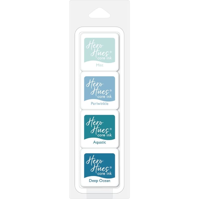 Shop Sunny Studio Stamps: Hero Arts Sea Blues Core Dye Ink Cubes featuring Mist, Periwinkle, Aquatic, and Deep Ocean AF502