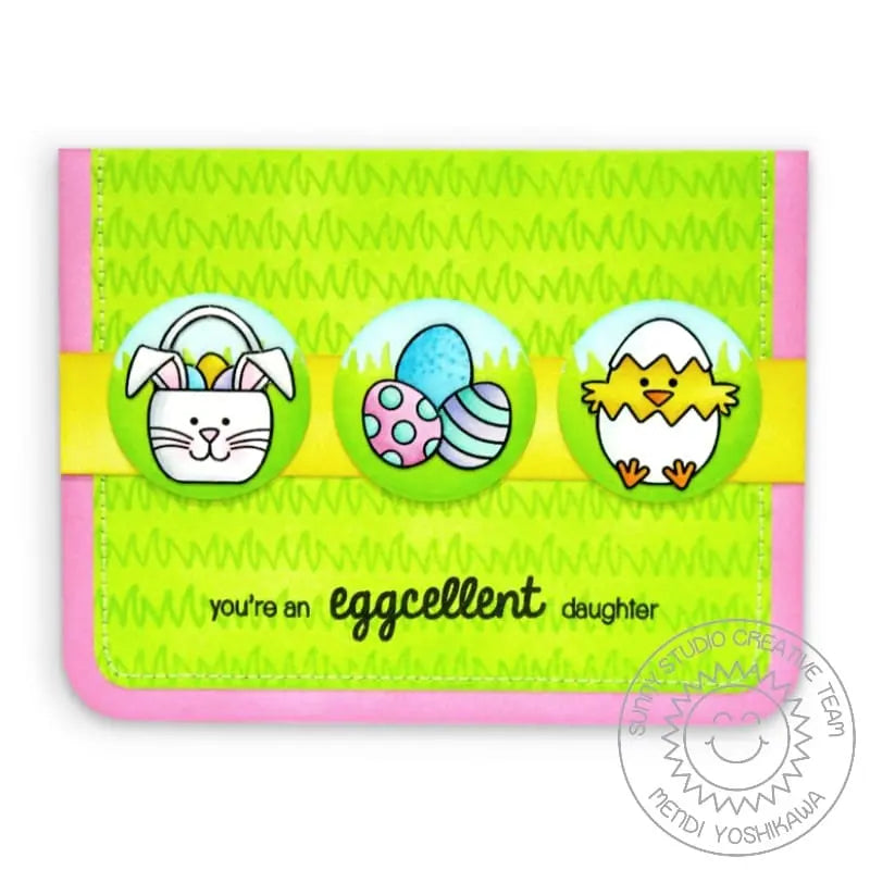 Sunny Studio Easter Chick with Eggs & Basket Card with Grassy Border Background (using Sunny Sentiments 4x6 Clear Stamps)