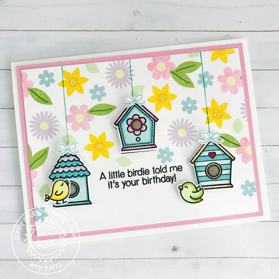 Sunny Studio Stamps A Bird's Life Hanging Birdhouse Floral Birthday Card