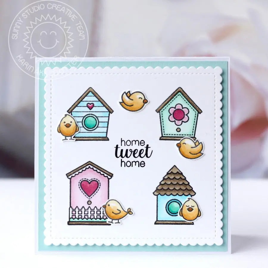 Sunny Studio Stamps A Bird's Life Home Tweet Home Birdhouse Scalloped Square Card