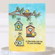 Sunny Studio Stamps A Bird's Life Teal & Yellow Birdhouse on Tree Branch Card by Nancy