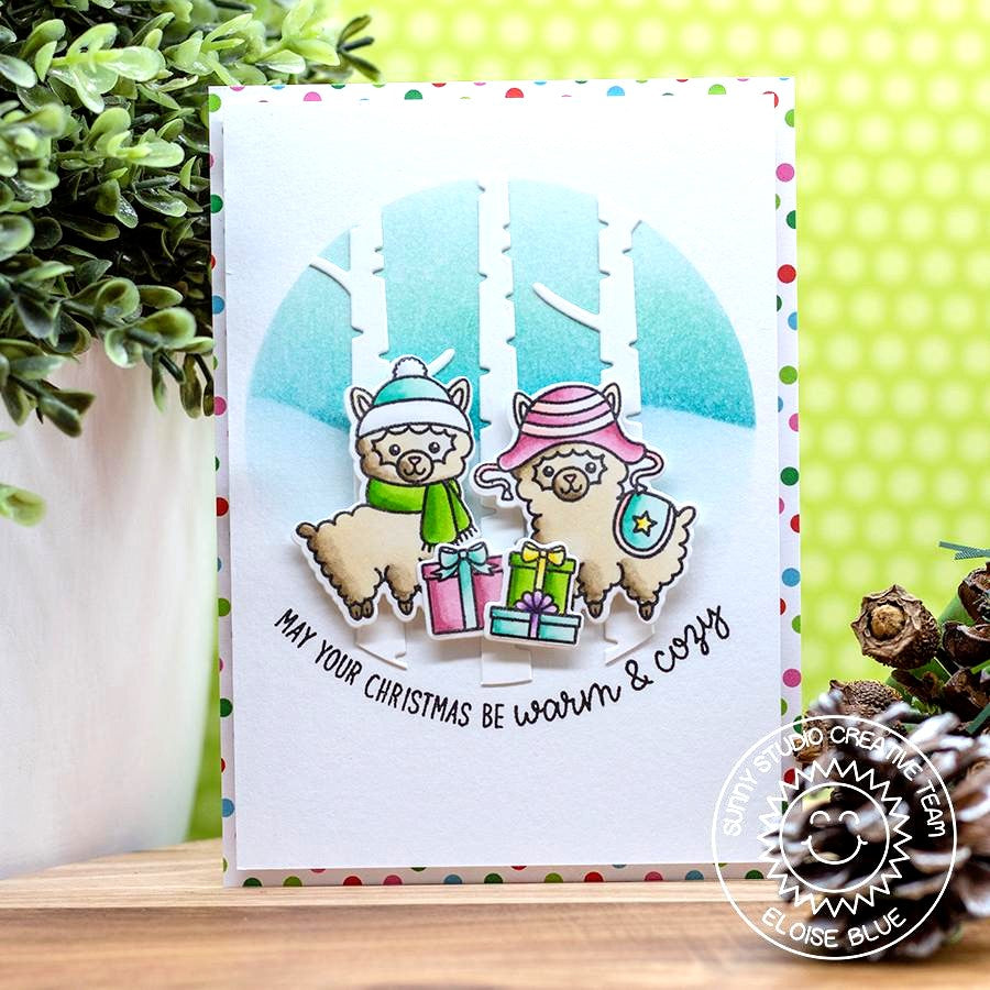 Sunny Studio May Your Christmas Be Warm & Cozy Llama with Birch Trees Card (using Alpaca Holiday 4x6 Clear Stamps)