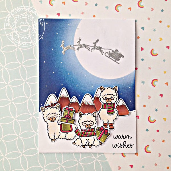 Sunny Studio Stamps Here Comes Santa Large Moon with Reindeer & Sleigh Silhouette Card