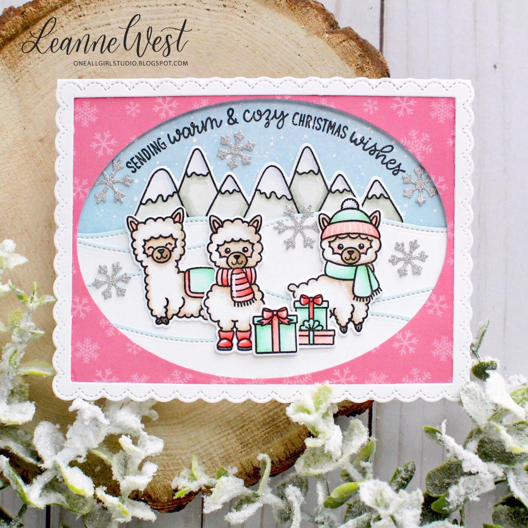 Sunny Studio Stamps Pink Snowy Winter Alpaca Handmade Holiday Christmas Card using Stitched Oval Metal Cutting Dies