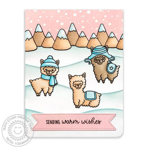 Sunny Studio Stamps Pale Pink, Aqua and White Alpaca Handmade Holiday Christmas Card by Mendi (using stitched Woodland Hillside Border Dies)