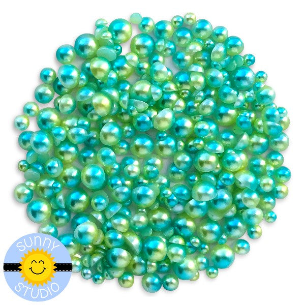 Sunny Studio Stamps Aqua Blue & Green Ombre 2-Tone Loose Flat Back Half Pearls Embellishments- 3mm, 4mm, 5mm & 6mm