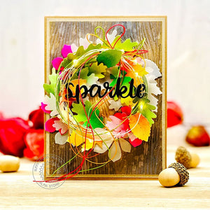 Sunny Studio Stamps Sparkle Fall Leaves Light-up Wreath Wood Embossed Card (using Autumn Greenery Metal Cutting Dies)