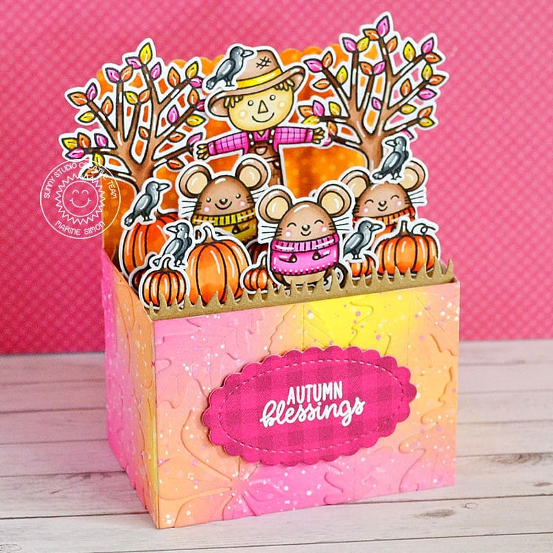 Sunny Studio Blessings Fall Leaves, Pumpkins, Mice & Scarecrow Pop-up Box Card (using Autumn Greenery Metal Cutting Dies)