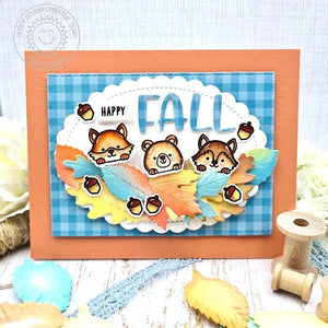 Sunny Studio Stamps Happy Fall Fox, Bear & Wolf with Colorful Autumn Leaves Scalloped Card (using Fall Friends Clear Stamps)
