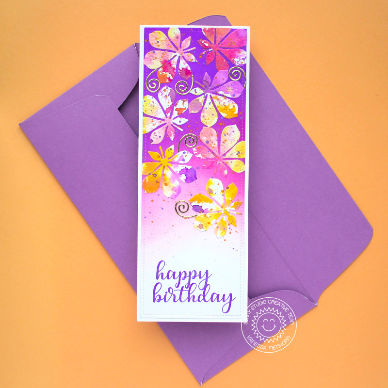 Sunny Studio Stamps Purple Watercolor Fall Leaves Slimline Handmade Card (using Autumn Greenery Metal Cutting Dies)