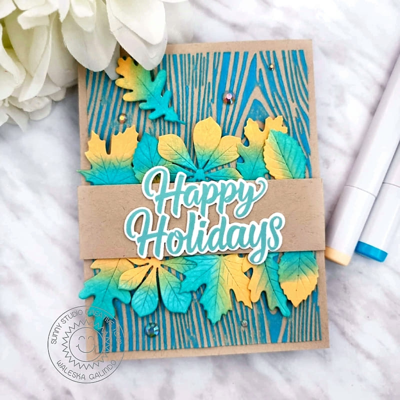 Sunny Studio Stamps Happy Holidays Blue Fall Leaves Wood Embossed Card (using Autumn Greenery Metal Cutting Dies)