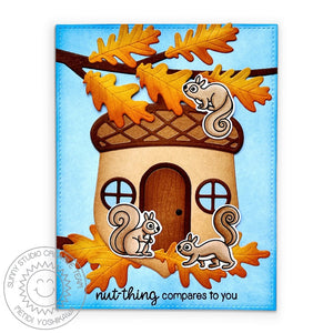 Sunny Studio Stamps Squirrels with Acorn Nut House Punny Fall Card using Autumn Greenery Leaf Metal Cutting Dies